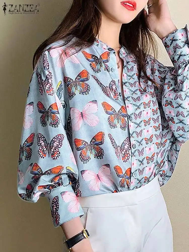 

ZANZEA Lantern Sleeve Seamed Blouses Stand Collar Button Up Butterfly Printing Women Basic Shirts Holiday Casual Fashion Chemise
