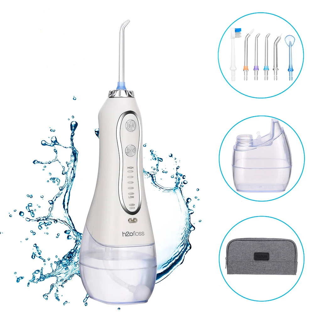 

H2ofloss 5 Modes Water Flosser Cordless Dental Oral Irrigator Portable USB Rechargeable IPX7 Waterproof 6 Jets 300ML Tank