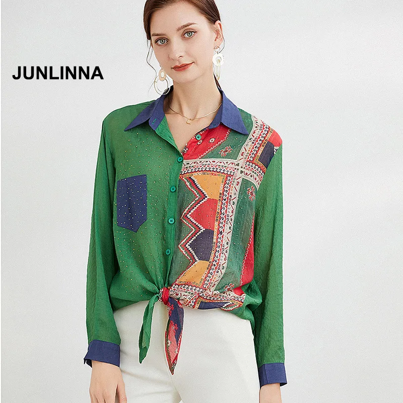 

JUNLINNA Women Blouses 2022 Spring New Vintage Style Rhinestone Stamping and Printing Casual Shirt