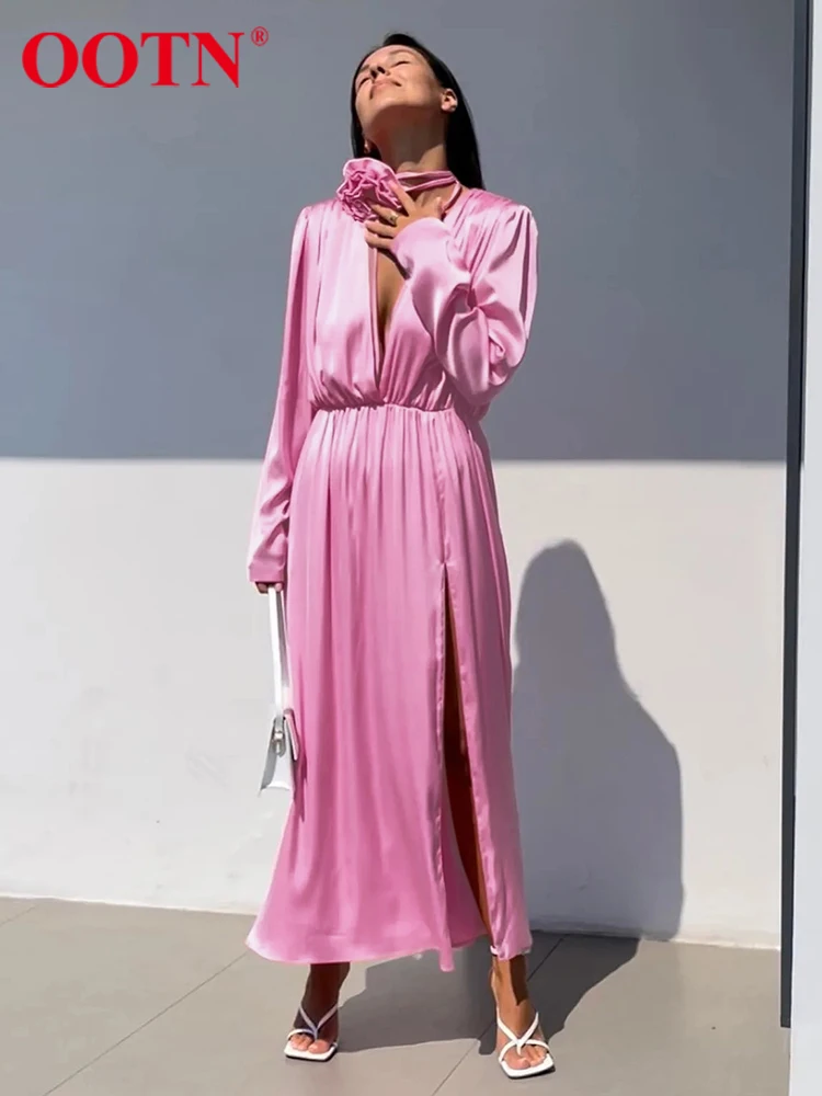 

OOTN Satin Low V Elegant Party Dress Pleated Slit Autumn Prom Evening Robe Women Long Sleeve Flowers Straight Midi Dress Lady