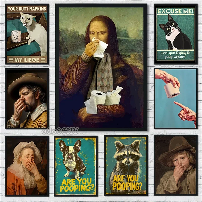 Туалетный постер Рука Бога Забавный собака Енот Are You Pooping Печать на холсте