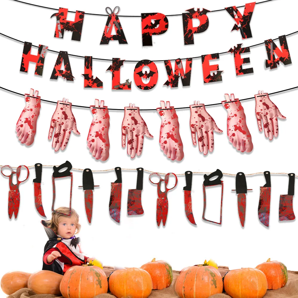 

Halloween flag decoration blood knife letter paper banner party decorations haunted house terror props flower ornaments