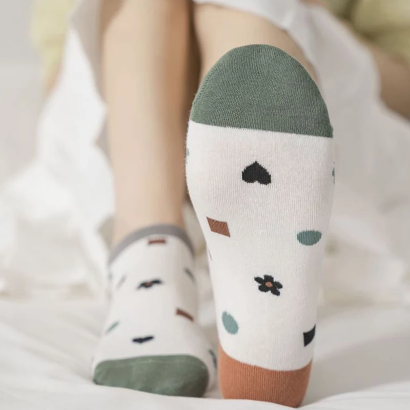 5 Pair Geometric Print Short Socks Women Summer Low Tube Fashion New Cotton Socks Set Asakuchi Breathable Japanese Style Socken