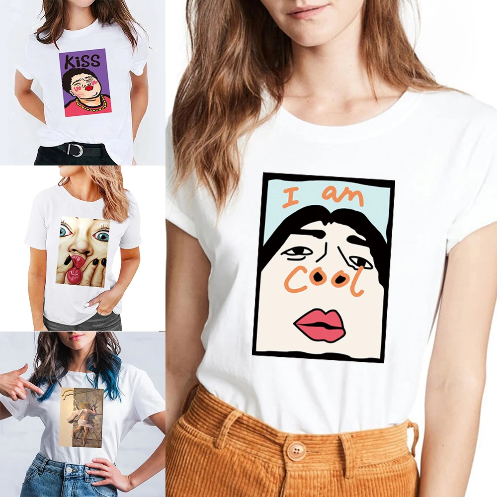 

Футболка Базовая женская, белая облегающая футболка с круглым вырезом, модный топ, одежда с забавным рисунком, лето