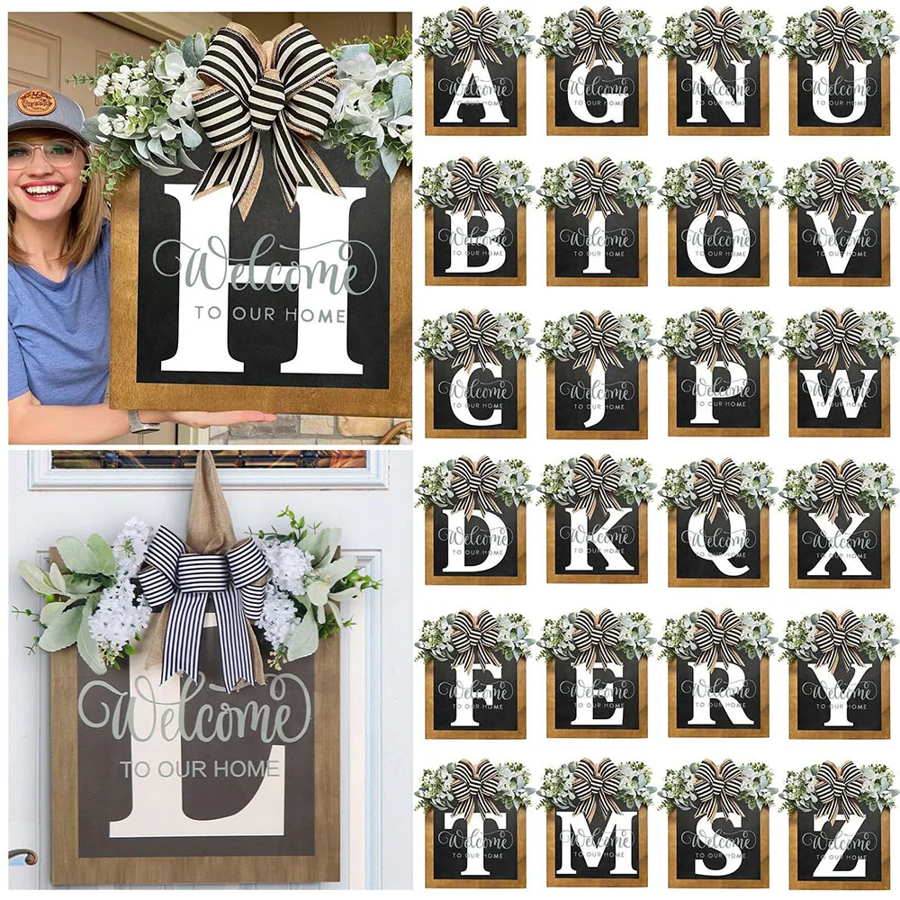 Unique 26 Letter Last Name Front Door Wreath Welcome Sign Farmhouse Outside Porch Wreath Wall Hanging Home Garden Decor Gift