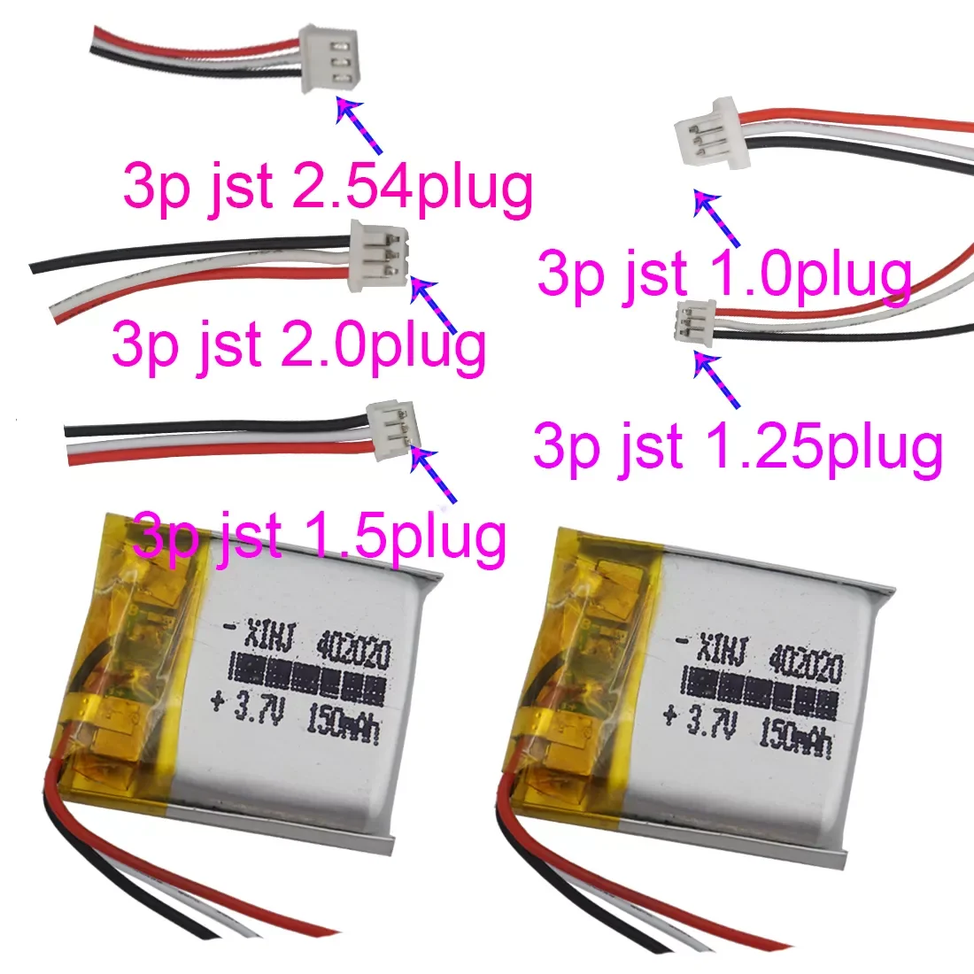 

XINJ 2pcs 3.7V 150mAh Li Polymer Battery 3pin JST-PH 1.0/1.25/1.5/2.0/2.54mm Plug 402020 For Bluetooth Smart Watch Sat Nav MP3