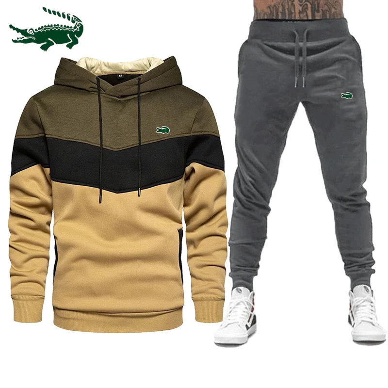 2023 New High Quality Men's Leisure Sports Color Contrast Hooded Plush Sweater Pullover+Outdoor Running Pants Set