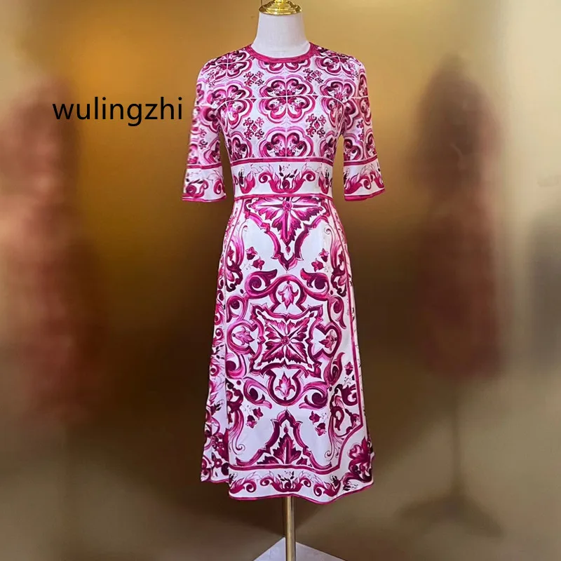 

Women Silk Dress 2023 Summer Red Porcelain Print Short Sleeve O-Neck Silk Elegant Dresses Slim Waist New Arrive