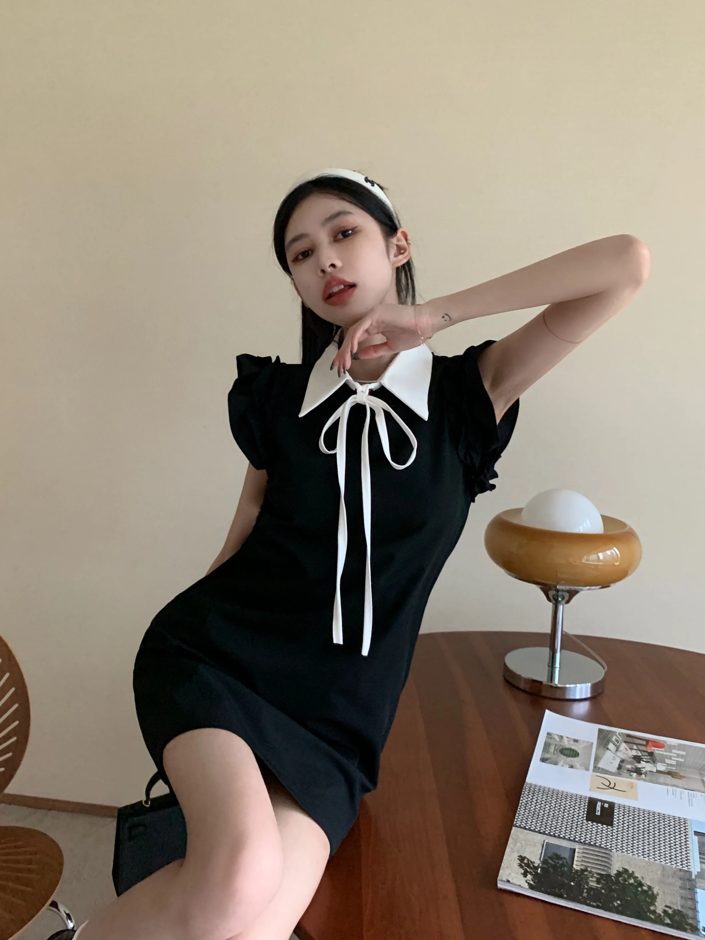 

Women's Sleeveless Tank Black Dress with Contrast White Neck Lacee-Up Summer 2023 Ruffled Korean Kawaii Mini Dresses y2k jk cute