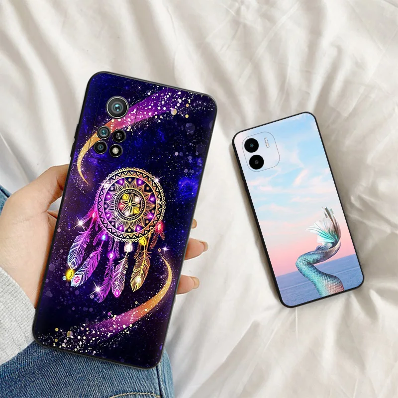 Черный матовый чехол для телефона Redmi K60 K50 K40 Note 8 7 Xiaomi Mi 11 11T 10 10T Lite Mermaid Mandala Dreamcatcher