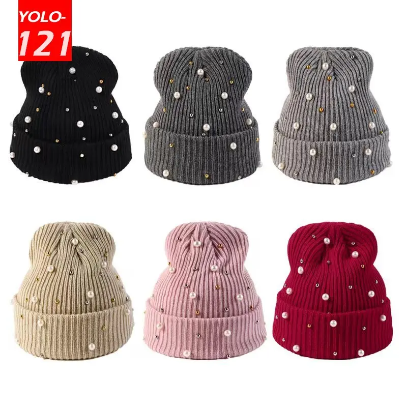 

Pearl Hats Women Woolen Hat Fashion Cold Beanies Luxury Woolen Bonnets Winter Warm Knitted Hat Solid Skullies Casual Beanie