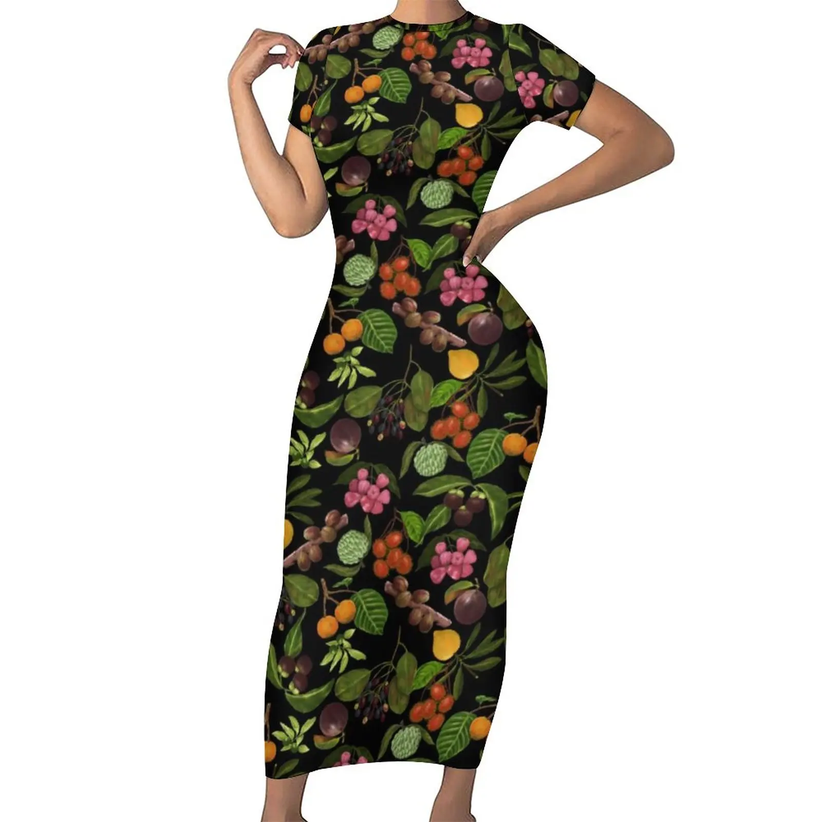 

Tropical Fruit Bodycon Dress Summer Green Leaves Print Sexy Maxi Dresses Women Short Sleeve Graphic Street Fashion Dress 4XL 5XL