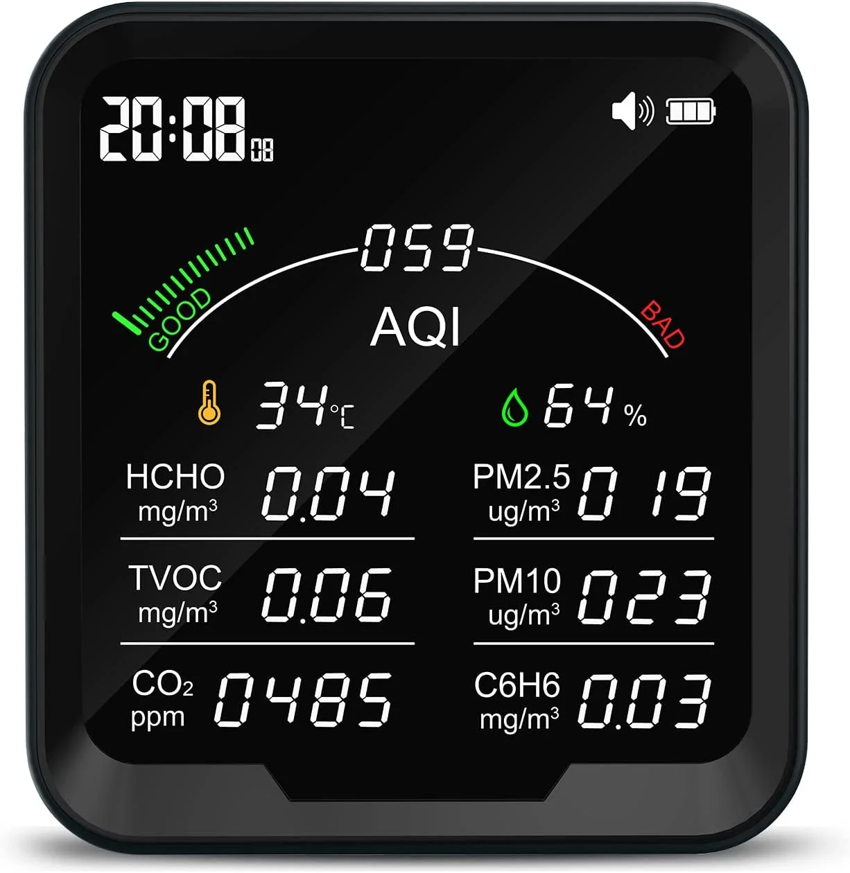 

Indoor Air Quality Monitor Track CO2, TVOC, PM 2.5, PM 10, C6H6, HCHO, Temperature & Humidity.Rechargeable Air Quality Detector