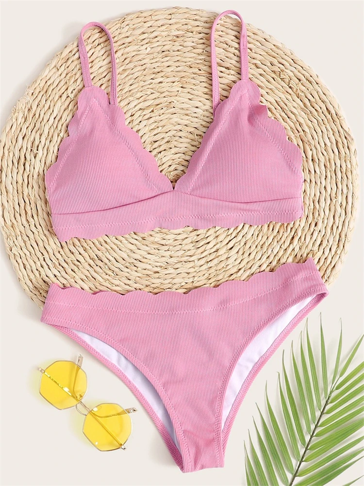 

Бикини сексуальное женский купальник 2023 Новый розовый комплект бикини на бретельках стринги ребристые купальники Летний купальный костюм ...