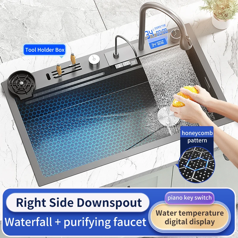

Stainless Steel kitchen Sink Waterfall Digital Display Embossed Large Single Bowl Multifunctional Wash Basin Smart Dishwasher