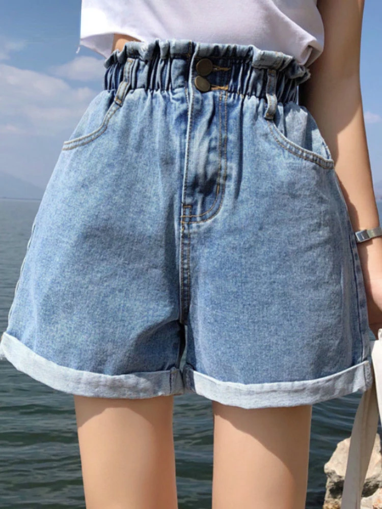 Summer Black Women Denim Shorts Women S-5XL Harem Ruffled White Blue High Waisted Shorts Female Elastic Short Jeans