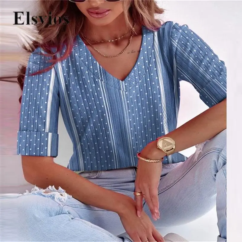 

SummerFashion V Neck Loose Blouse Vintage Dot Striped Print Office Lady Shirt Casual Spring Short Sleeve Pullover Tops For Women
