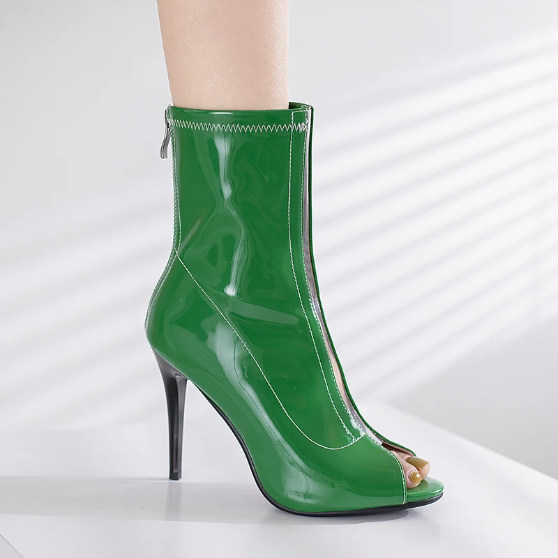 Peep Toe Summer Sandals Women Leather Boots Shoes Dance Stable Thin High Heels Comfy Solid Zip Stiletto Patchwork PVC Size 34-46