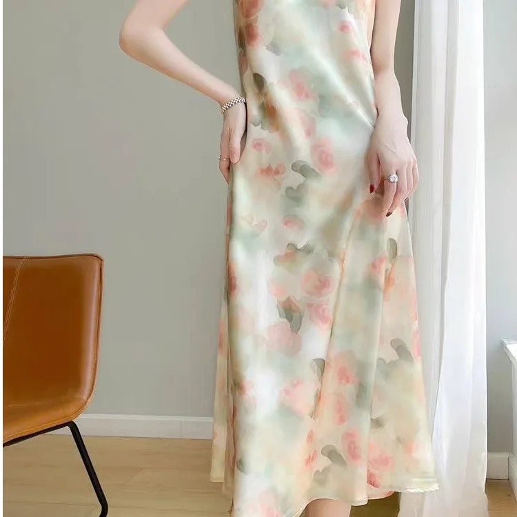 Женское шелковое атласное платье средней длины Элегантная ночная рубашка на