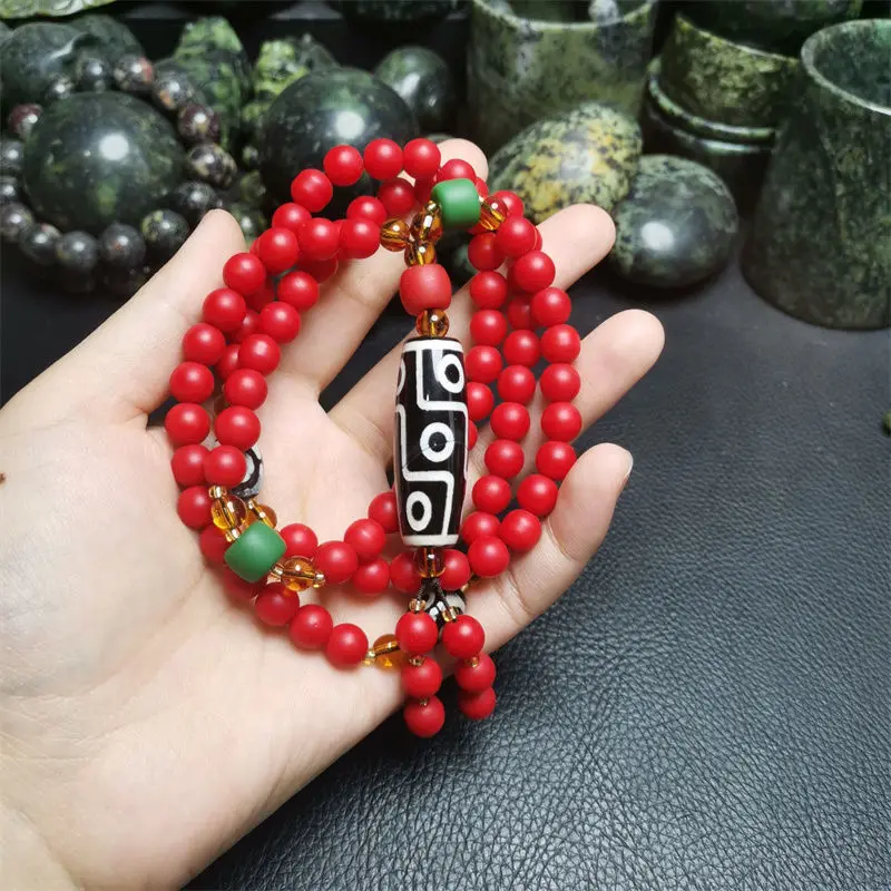 

New Natural Old Agate Nine-eyed Beads Necklace Red Beads Fashion Sweater Chain for Men and Women