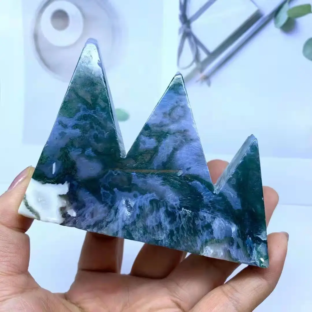 

1 Pcs Natural Mineral Decorative Statues Moss Agate Mountain Ornaments Healing Crystal Stone For Room Decoration