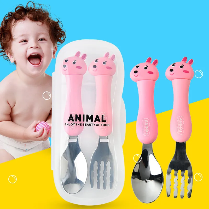 

Baby Feeding Material Cartoon Cutlery Suit Student Stainless Steel Tableware Animal Fork Spoon Set Utensils Eating Gadgets