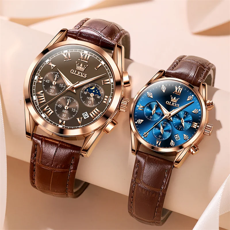 OLEVS Watch Men Rose Gold Couples Wristwatch Fashion Ladies Watches Leather Luminous Date Quartz Lovers Clock Reloj