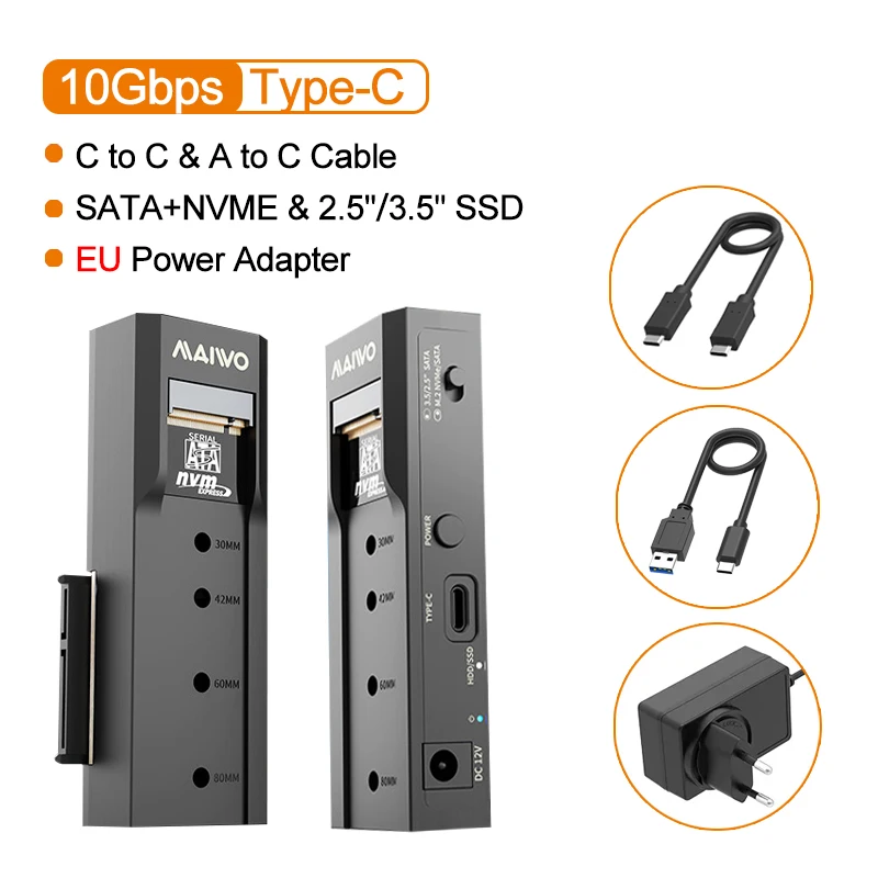 Док-станция для двух SSD-накопителей MAIWO, 10 Гбит/с, Type-C, M.2, NVMe, SATA