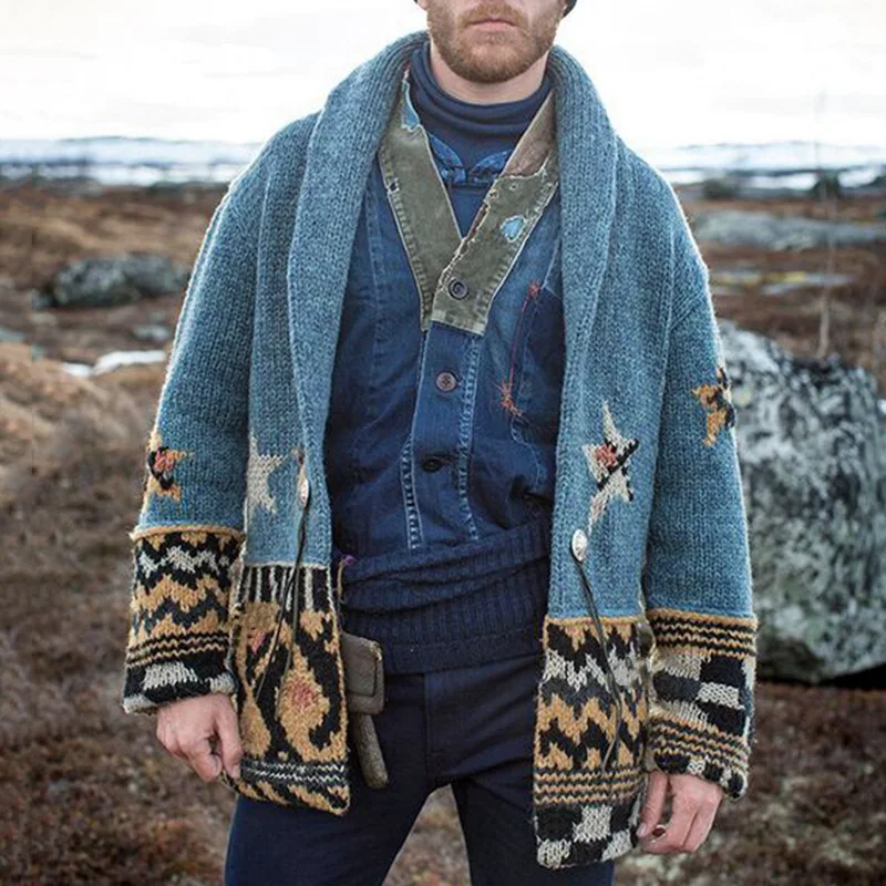 

Men Casual Sleeve Pattern Long Winter Knitted One Printed Coats For Mens Coat Fashion Autumn Lapel Vintage Loose Cardigan Button