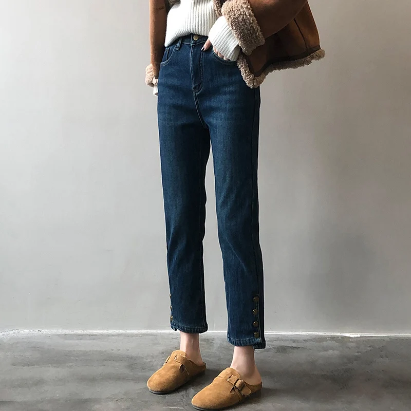 

2022 Winter New Women's Jeans Cropped Pants Thickened and Warm Korean High Waist Casual Straight