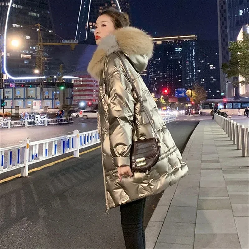 

2022 New Champagne Down Padded jacket women's winter Jacket Mid-Length Wash-Free Shiny Padded Jacket Niche Loose Padded Jacket