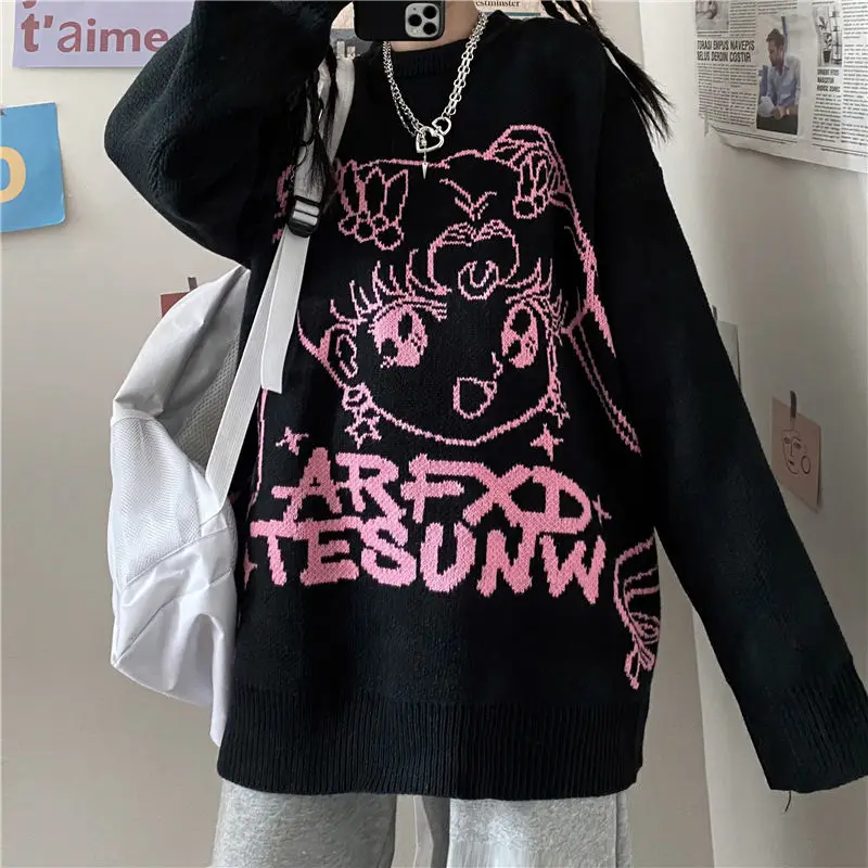 Deeptown Gothic Streetwear Anime Print Gebreide Trui Vrouwen Harajuku Punk Hip Hop O-hals Oversize Lange Mouwen Jumper Kawaii Top