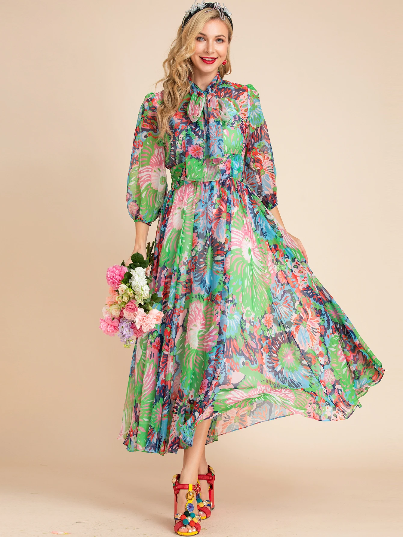 

LD LINDA DELLA Summer Runway Fashion Chiffon Dress Women Lantern Sleeve Floral print Vacation Elegant Long Dress Vestidos