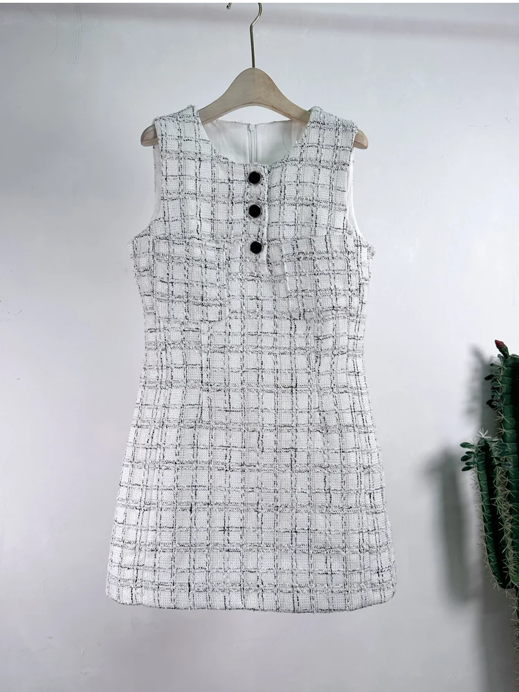 

Женское твидовое шерстяное платье, дизайнерское подиумное винтажное платье мини в клетку без рукавов с круглым вырезом, летняя одежда