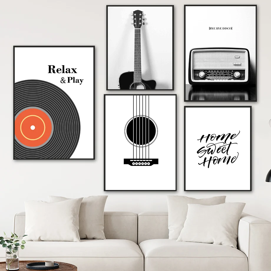 

Black White Record Guitar String Radio Nordic Posters And Prints Canvas Painting Wall Art Pictures For Living Room Home Decor