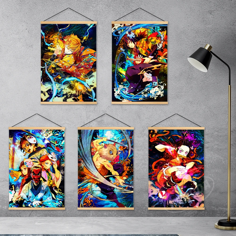 

Canvas Modular Demon Slayer Home Decor Prints Agatsuma Zenitsu Painting Wooden Hanging Poster Anime Wall Art Picture Living Room