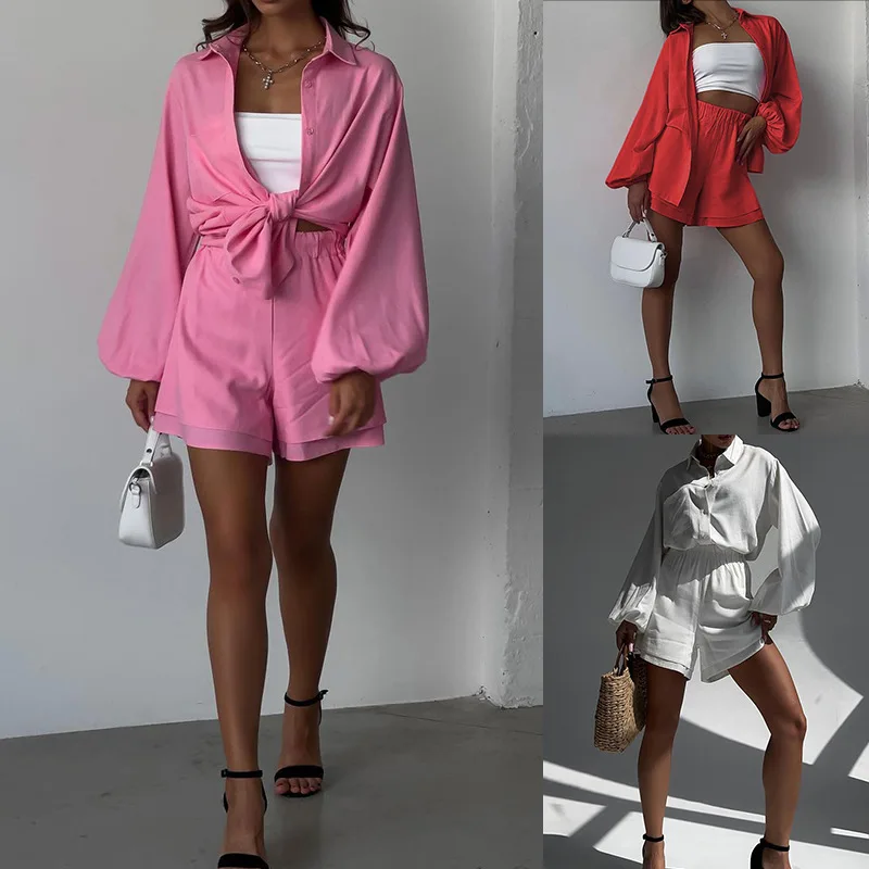 

Spring and Autumn New Solid Color Loose Suit Women Lantern Sleeve Single-Breasted Shirt Elastic High Waist Wide-Leg Shorts Suit