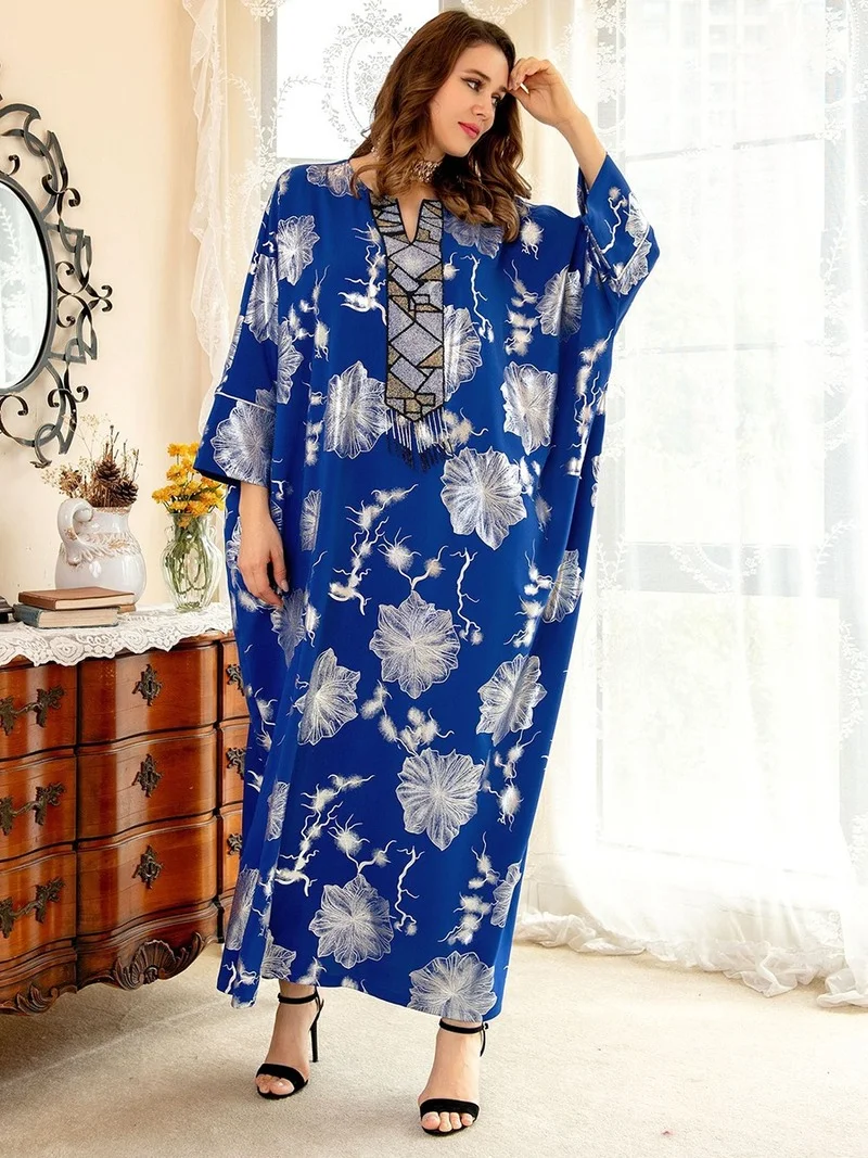 AIB-364 Woman Dress Ramadan Diamonds Bat Sleeve Dubai Turkish Islamic Long Kimono Abaya Oversized Gowns Solid Moroccan Kaftan