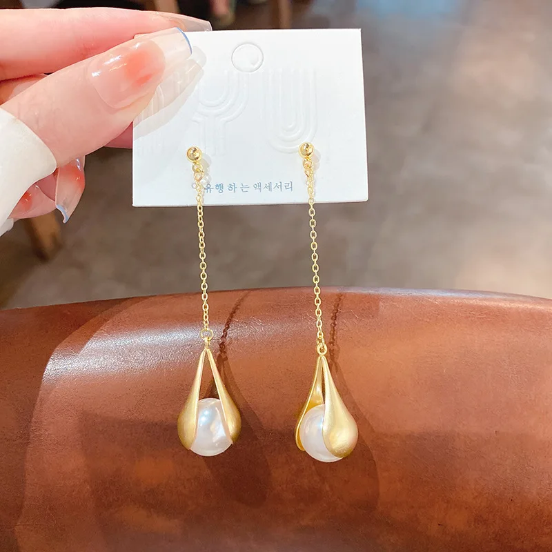 

Silver Needle Texture Metal Long Tassel Earrings French Elegant Pearl Personalized Net Red Retro Fashion