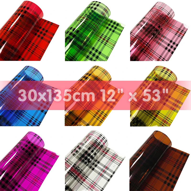 

30x135cm Transparent Checked Printed Jelly Sheets Colored Plaid Pattern TPU Faux Leather Sheets for Crafts Handbags Earrings