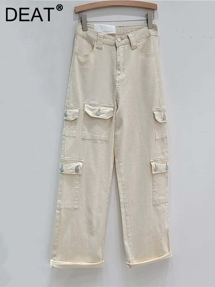 

DEAT Women's Jeans High Waist Full Length Beige Loose Multiple Pockets Denim Pants 2023 Autumn American Cargo Style 29L2363