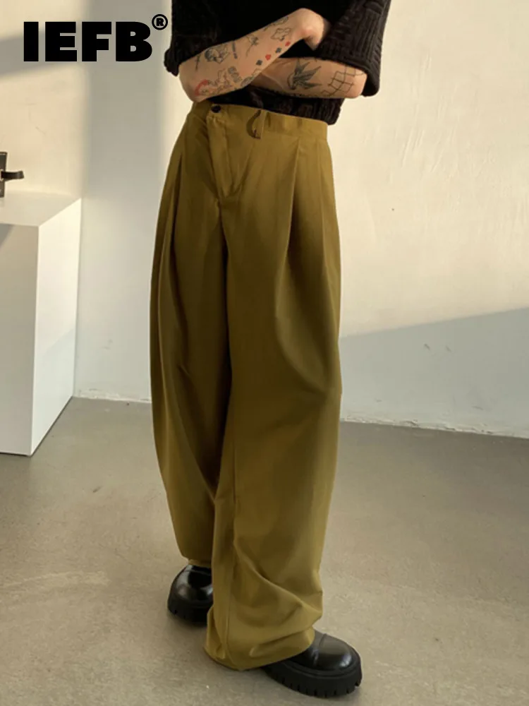 

IEFB Men's Casual Pants Korean Style Irregular Oblique 2022 New Mid-waist Drape Fashion Solid Color Straight Pants 9A1576