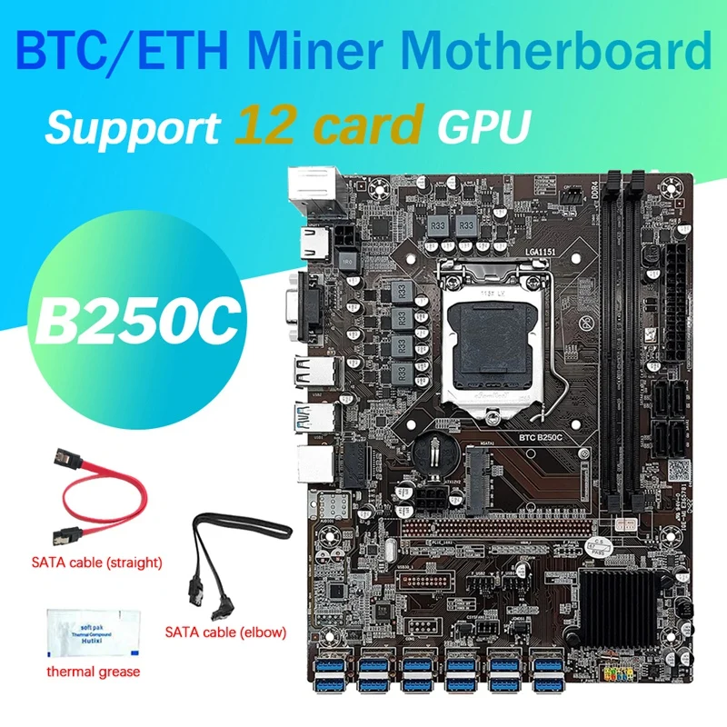 

B250C 12 Card BTC Mining Motherboard Kit+Thermal Grease+2XSATA Cable 12 USB3.0 To PCIE LGA1151 DDR4 MSATA+VGA ETH Miner