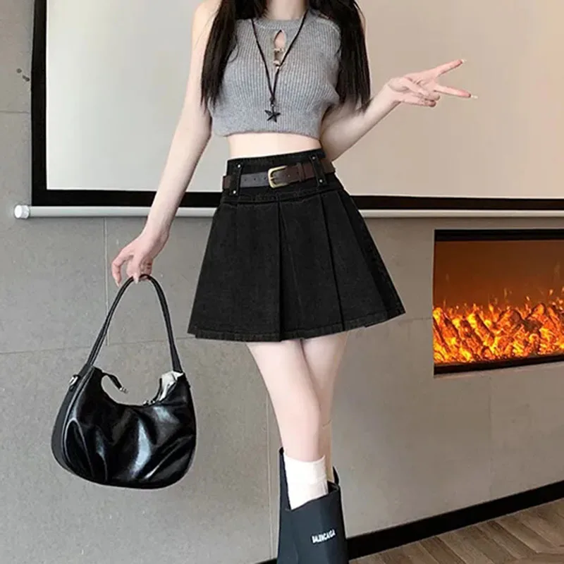 Женская джинсовая мини-юбка с поясом винтажная плиссированная юбка