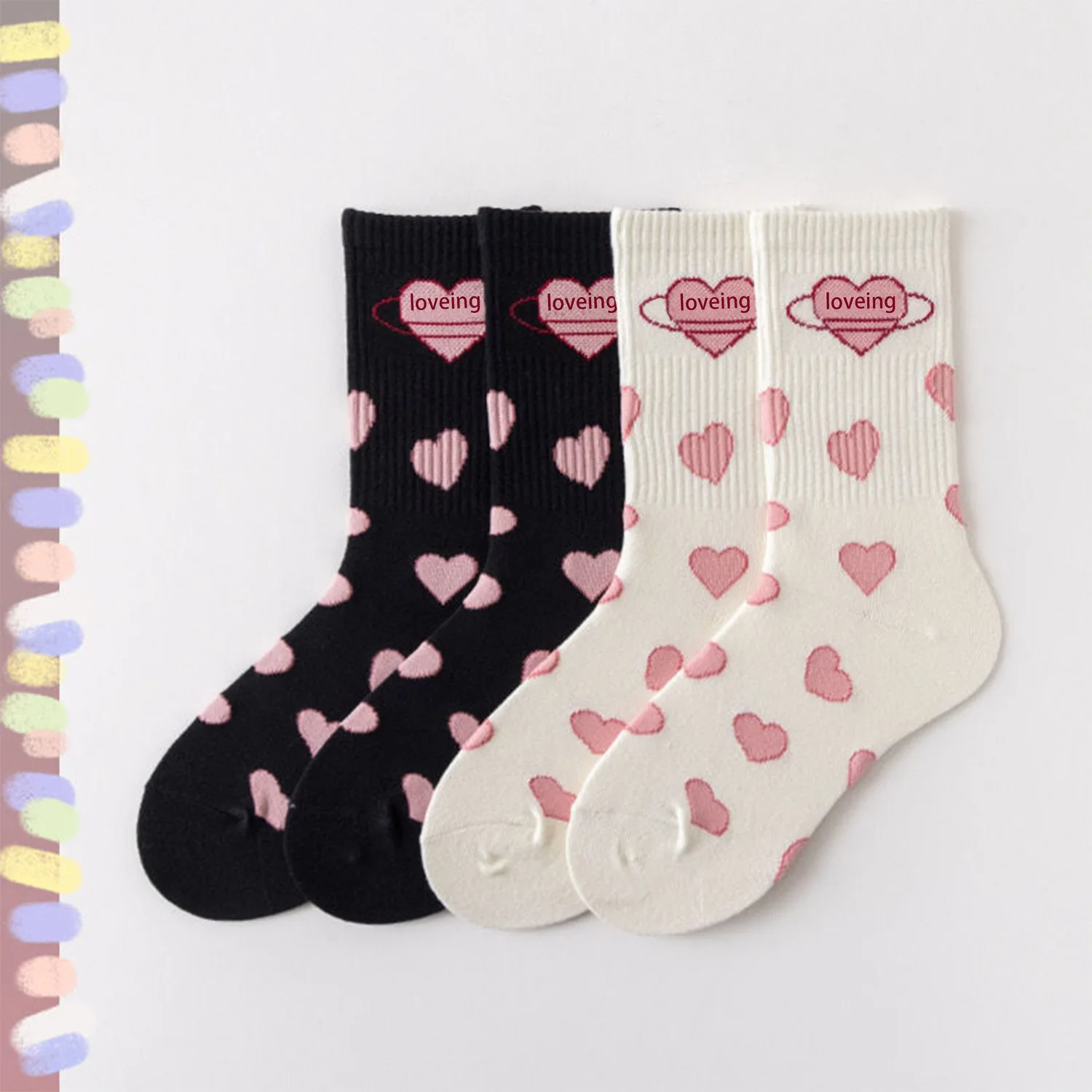 1 Pairs Big Pink Love Black White Mid-tube Sock Cute Students Girls JK Lolita Socks Simple Fashionable Socks