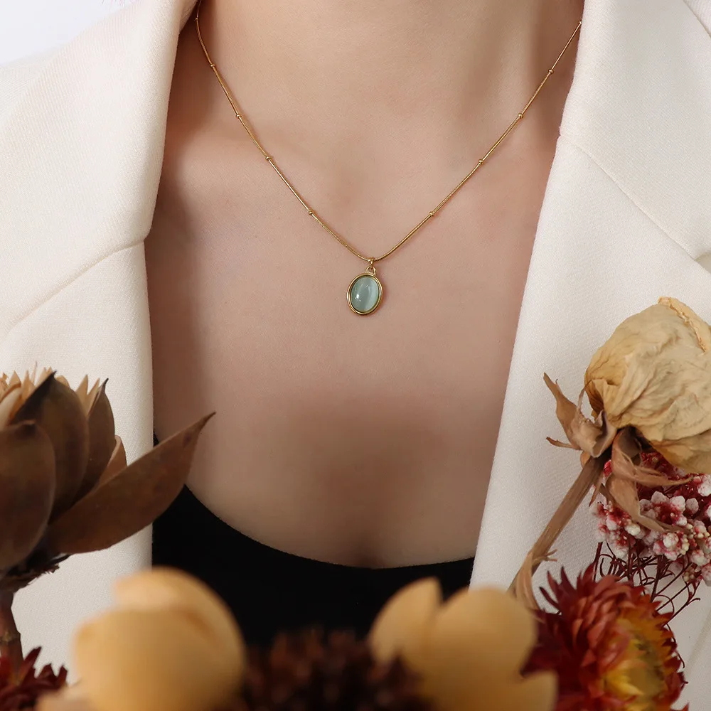 

Универсальное ожерелье-цепочка на воротник из нержавеющей стали с опалом овальное ожерелье с винтажным зеленым кулоном Ожерелье для женщи...