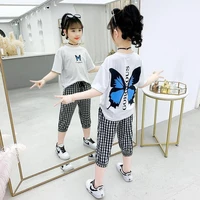 girls clothes summer outfits butterfly t shirt cropped plaid pants 2pcs sets child 10 12 13 14 15 16 year teen kids tracksuit