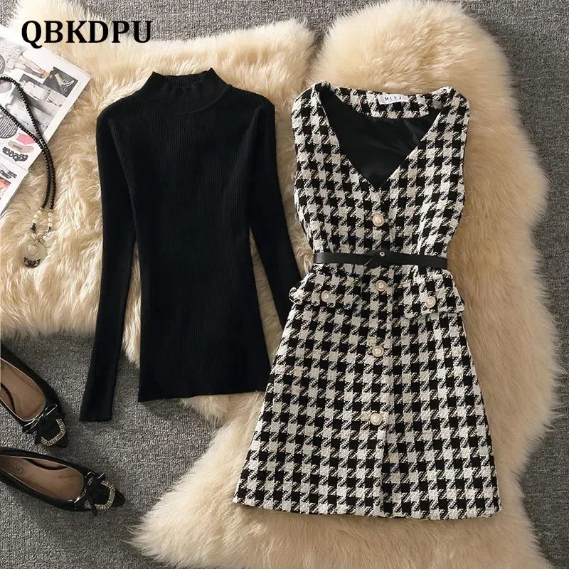 

Vintage Knitted Sweater Chic Suit Korean Mid-Length Houndstooth Tweed Vest Jacket 2 Piece Set Women Belt Mid Length Waistcoat