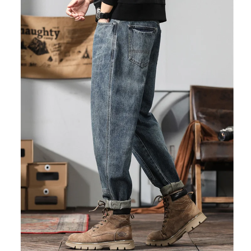 Men Clothing New Pattern Recreational Vintage Broad Leg Blue Splicing Jeans Straight Cylinder Large  Loose Trousers Autumn Women