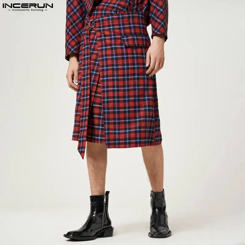 

INCERUN Men Skirts Plaid Loose Vintage Streetwear Casual Irregular Skirts 2023 Personality Leisure Men Bottoms Trousers S-5XL